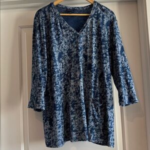 🌸 Pure Jill Indigo Floral Tunic Top w/ Front Pocket ~ 100% Cotton, Sz XL 🌸